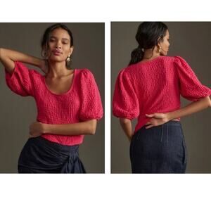 Anthropologie Maeve Balloon Sleeve Textured Top Pink Scoop Neckline - Size XS